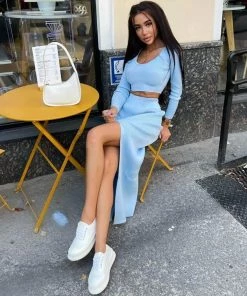 Trendy & Unique What's New Cozy Rib Knit Long Sleeve Crop High Slit Skirt Matching Set - Blue 8 Trendy & Unique What's New Cozy Rib Knit Long Sleeve Crop High Slit Skirt Matching Set - Blue