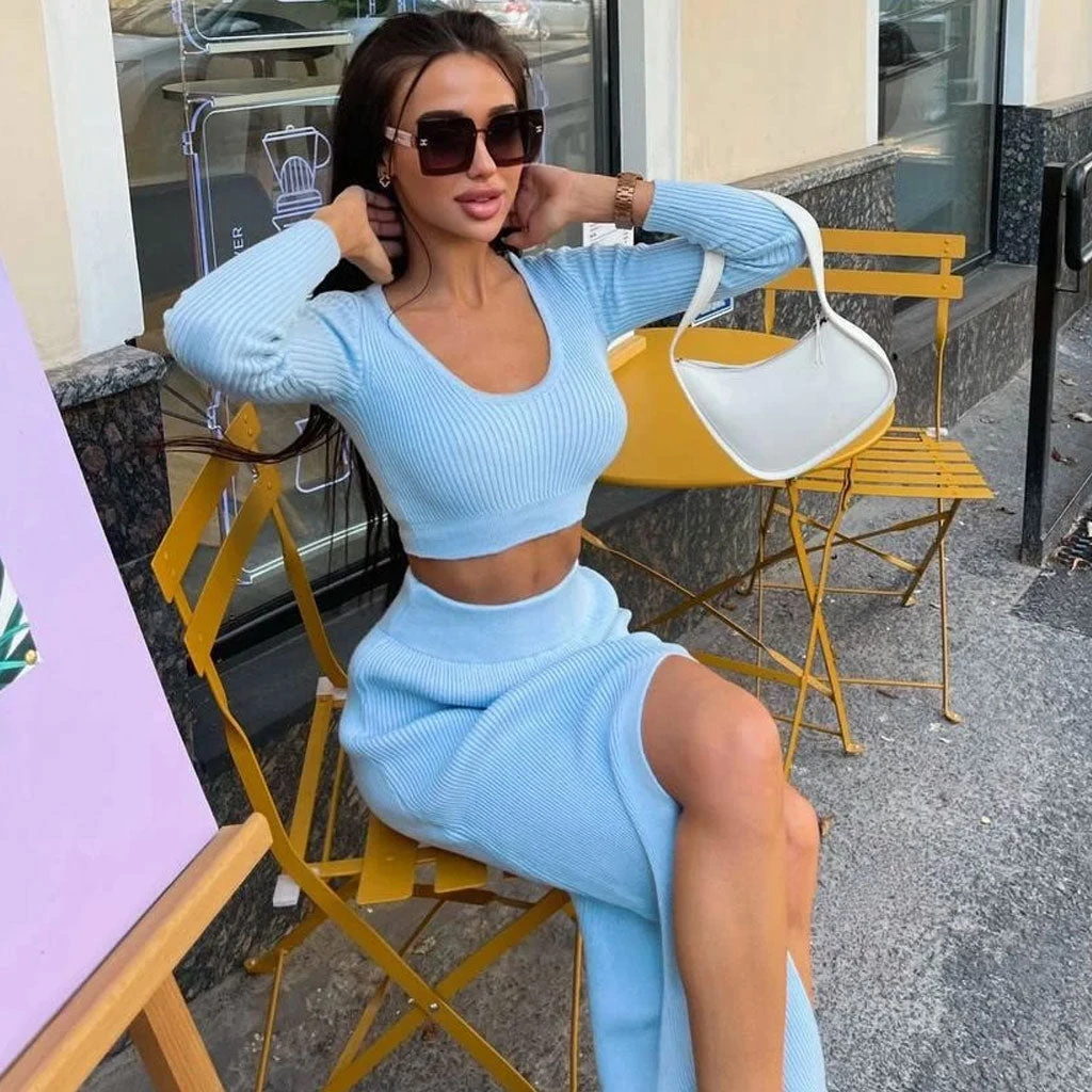 Trendy & Unique What's New Cozy Rib Knit Long Sleeve Crop High Slit Skirt Matching Set - Blue 6 Trendy & Unique What's New Cozy Rib Knit Long Sleeve Crop High Slit Skirt Matching Set - Blue