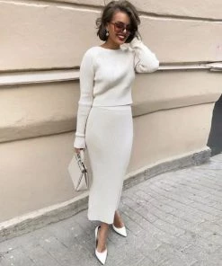 Trendy & Unique What's New Cozy Rib Knit Long Sleeve High Waist Skirt Matching Set - White