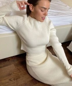 Trendy & Unique What's New Cozy Rib Knit Long Sleeve High Waist Skirt Matching Set - White