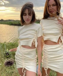 Trendy & Unique Cozy Short Sleeve Drawstring Side Rib Knit Crop Top - Apricot What's New