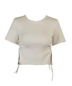 Trendy & Unique Cozy Short Sleeve Drawstring Side Rib Knit Crop Top - Apricot What's New