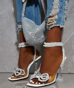 Trendy & Unique Crystal Pearl Strap Bowknot Trim Unique High Heel Sandals - White