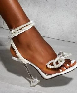 Trendy & Unique Crystal Pearl Strap Bowknot Trim Unique High Heel Sandals - White
