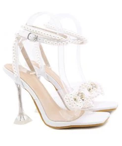 Trendy & Unique Crystal Pearl Strap Bowknot Trim Unique High Heel Sandals - White
