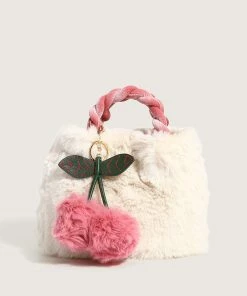 Trendy & Unique What's New Cute Cherry Trim Twist Shoulder Strap Fluffy Tote Bag - White