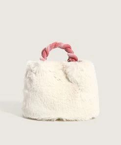 Trendy & Unique What's New Cute Cherry Trim Twist Shoulder Strap Fluffy Tote Bag - White