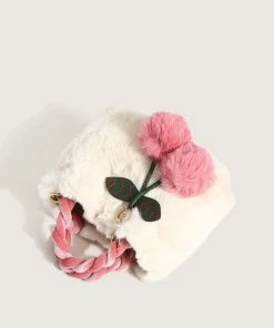 Trendy & Unique What's New Cute Cherry Trim Twist Shoulder Strap Fluffy Tote Bag - White