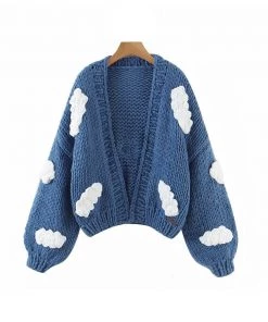 Trendy & Unique Cute Cloud Studded Bishop Sleeve Open Front Cardigan - Blue What's New