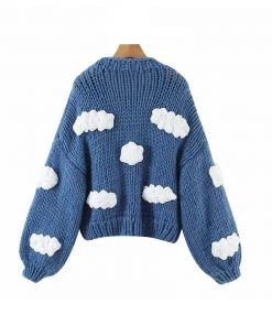 Trendy & Unique Cute Cloud Studded Bishop Sleeve Open Front Cardigan - Blue What's New