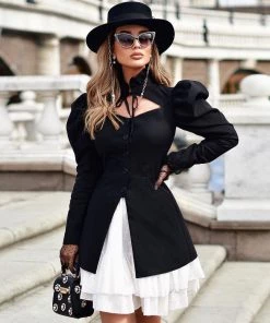 Trendy & Unique What's New Cute Cut Out Ruffle Collared Long Sleeve Button Up Blouse - Black