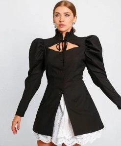Trendy & Unique What's New Cute Cut Out Ruffle Collared Long Sleeve Button Up Blouse - Black