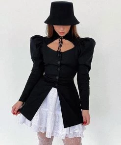 Trendy & Unique What's New Cute Cut Out Ruffle Collared Long Sleeve Button Up Blouse - Black