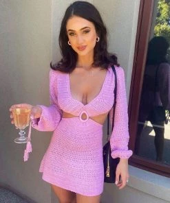 Trendy & Unique Cute Deep V Neck Cut Out Crochet Beach Mini Dress - Pink