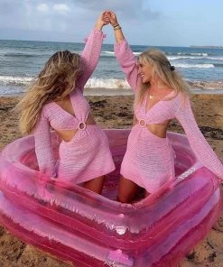 Trendy & Unique Cute Deep V Neck Cut Out Crochet Beach Mini Dress - Pink