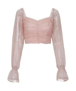 Trendy & Unique Cute Dotted Puff Sleeve Sweetheart Neck Mesh Crop Top - Pink What's New