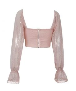 Trendy & Unique Cute Dotted Puff Sleeve Sweetheart Neck Mesh Crop Top - Pink What's New