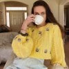 Trendy & Unique Cute Flower Cable Knit Bishop Sleeve Crop Pullover Sweater - Yellow What's New