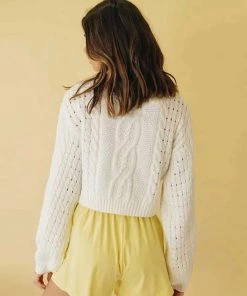 Trendy & Unique Cute Flower Cable Knit Bishop Sleeve Crop Pullover Sweater - Yellow What's New