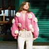 Trendy & Unique Cute Flower Studded Bishop Sleeve Open Front Cardigan - Pink What's New