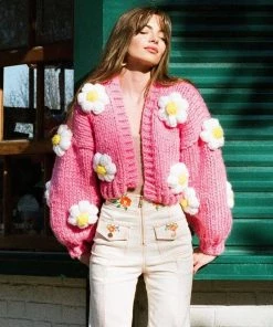 Trendy & Unique Cute Flower Studded Bishop Sleeve Open Front Cardigan - Pink What's New