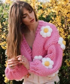 Trendy & Unique Cute Flower Studded Bishop Sleeve Open Front Cardigan - Pink What's New