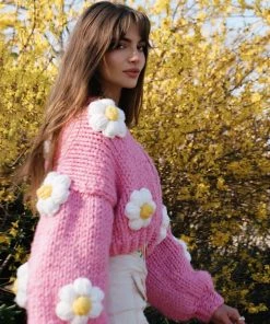 Trendy & Unique Cute Flower Studded Bishop Sleeve Open Front Cardigan - Pink What's New