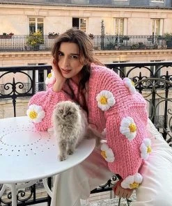 Trendy & Unique Cute Flower Studded Bishop Sleeve Open Front Cardigan - Pink What's New