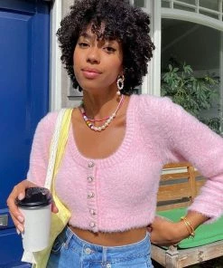 Trendy & Unique Cute Fuzzy Scoop Neck Sleeved Knitted Crop Cardigan - Pink