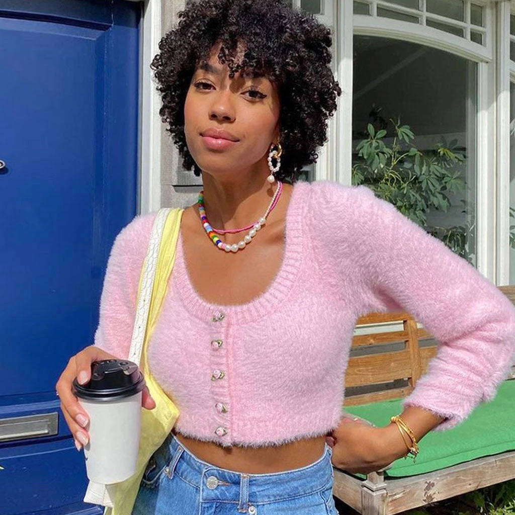 Trendy & Unique Cute Fuzzy Scoop Neck Sleeved Knitted Crop Cardigan - Pink 3 Trendy & Unique Cute Fuzzy Scoop Neck Sleeved Knitted Crop Cardigan - Pink