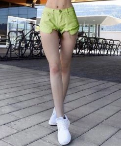 Trendy & Unique What's New Cute Macaron Color Low Rise Distressed Denim Shorts - Neon Green