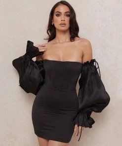 Trendy & Unique Cute Off Shoulder Puff Sleeve Bodycon Party Mini Dress - Black