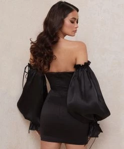 Trendy & Unique Cute Off Shoulder Puff Sleeve Bodycon Party Mini Dress - Black
