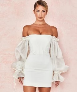 Trendy & Unique What's New Cute Off Shoulder Puff Sleeve Bodycon Party Mini Dress - White
