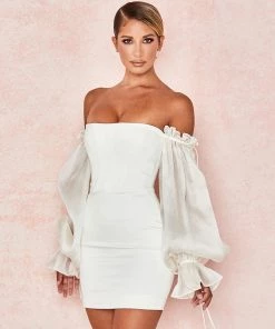 Trendy & Unique What's New Cute Off Shoulder Puff Sleeve Bodycon Party Mini Dress - White