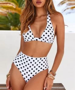 Trendy & Unique What's New Cute Polk Dot Printed High Waist Sliding Triangle Bikini Set - White