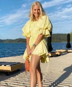 Trendy & Unique Cute Puff Sleeve Drawstring Tied Ruffle Babydoll Mini Dress - Yellow What's New