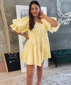 Trendy & Unique Cute Puff Sleeve Drawstring Tied Ruffle Babydoll Mini Dress - Yellow What's New