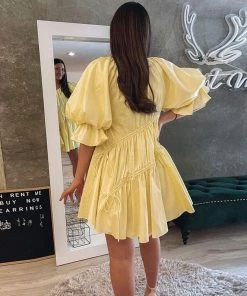 Trendy & Unique Cute Puff Sleeve Drawstring Tied Ruffle Babydoll Mini Dress - Yellow What's New