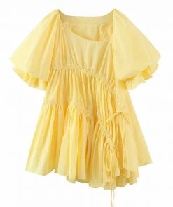 Trendy & Unique Cute Puff Sleeve Drawstring Tied Ruffle Babydoll Mini Dress - Yellow What's New