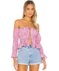 Trendy & Unique Cute Puff Sleeve Lace Up Ruched Crop Blouse - Pink