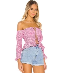 Trendy & Unique Cute Puff Sleeve Lace Up Ruched Crop Blouse - Pink