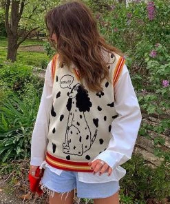 Trendy & Unique Cute Spotted Dog Contrast V Neck Pullover Sweater Vest - White