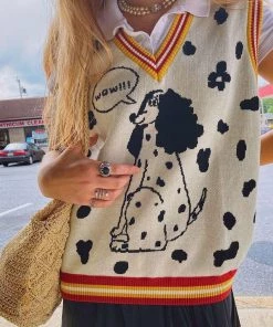 Trendy & Unique Cute Spotted Dog Contrast V Neck Pullover Sweater Vest - White