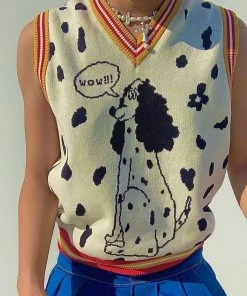 Trendy & Unique Cute Spotted Dog Contrast V Neck Pullover Sweater Vest - White