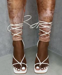 Trendy & Unique Cute Strappy Thong Toe Wrap Tie Stiletto Heel Sandals - White