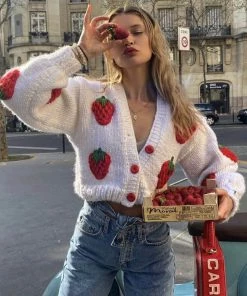 Trendy & Unique Cute Strawberry Studded Bishop Sleeve Button Up Cardigan - White What's New