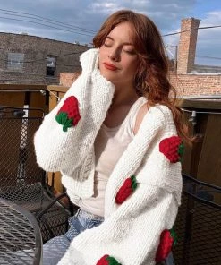 Trendy & Unique Cute Strawberry Studded Bishop Sleeve Button Up Cardigan - White What's New