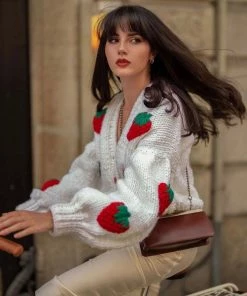 Trendy & Unique Cute Strawberry Studded Bishop Sleeve Button Up Cardigan - White What's New