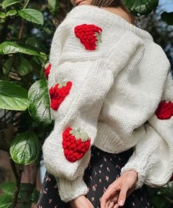 Trendy & Unique Cute Strawberry Studded Bishop Sleeve Button Up Cardigan - White What's New